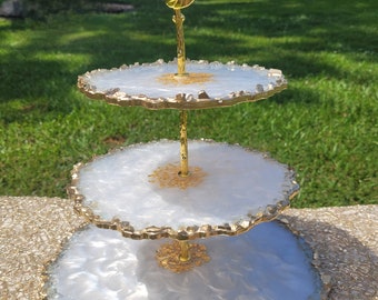 Charcuterie/ resin tiered tray/ extra large pearlescent dessert tray/wedding decor/white tiered tray