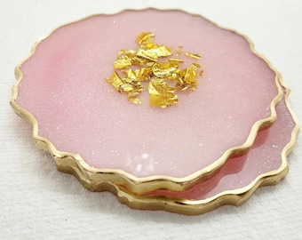 Pink and gold resin coasters with scalloped edge/ Gift for her/many colors