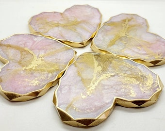 Pink and gold heart shaped coasters/ diamond edge coasters/ pink heart coasters/ Valentines gift/teacher gift/engagement decor