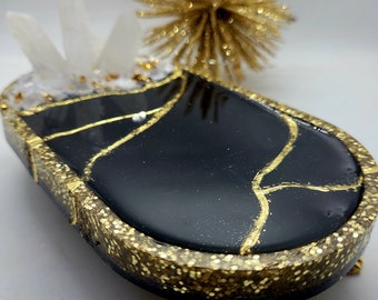 Black and Gold Resin Jewelry Dish with Authentic Crystal Points