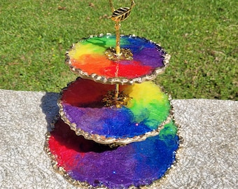Extra Large Rainbow Resin Tiered Tray, 3-Tiered Dessert stand,Cupcake Holder, Vanity Tray, Handmade Colorful Centerpiece