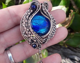 Dichroic glass wrapped in antiqued copper
