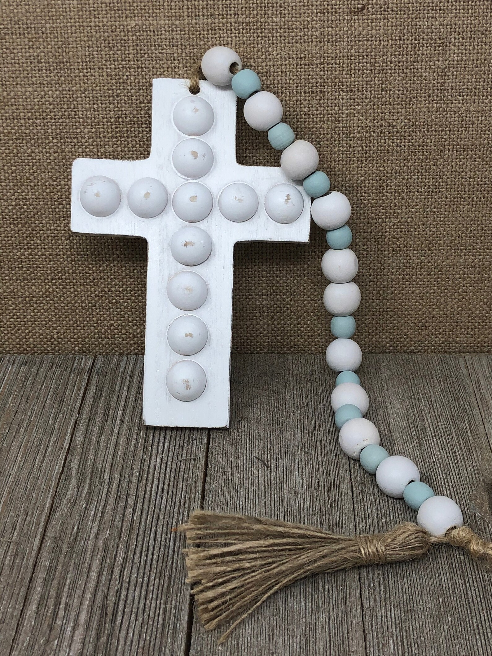 White and Blue Wood Bead Cross Garland Etsy