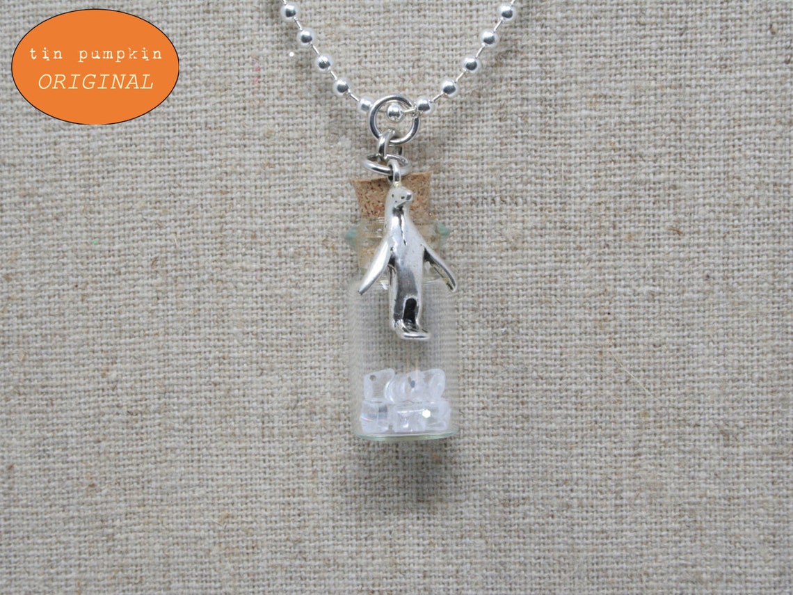 Vial Necklace with Tiny Ice Cubes and Attached Penguin Charm Etsy