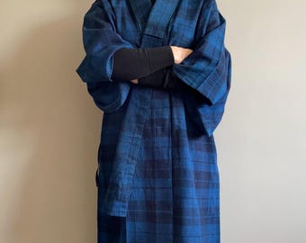 Repurposed Vintage Hitoe Kimono Gown: Blue Check Plaid, with Pockets and Tie Strings