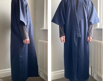 Men’s Wool Hitoe Warm Kimono Gown Blue Stripe Japanese Vintage Slight Defects in Sleeves 男性用着物　純毛　単衣 PalaceSeamstress London