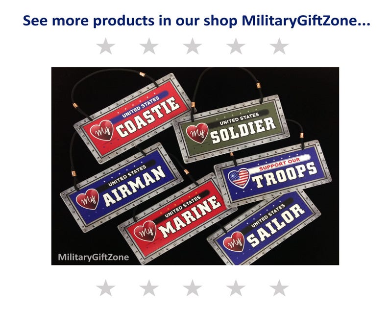 May include: Six metal signs with a heart and the words "My" and a branch of the United States military printed on them. The signs are red, blue, green, and silver with a black background. The signs say "My Coastle", "My Soldier", "My Airman", "My Marine", "Support Our Troops", and "My Sailor".