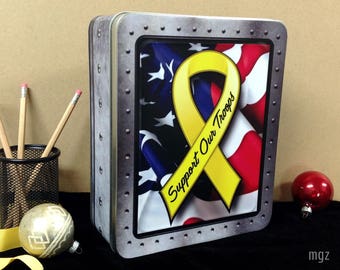 Support Our Troops Yellow Ribbon Light Box Rectangle | Unique Military Support Gift | Patriotic Decor Wall Sign, Night Light, Holiday Gift