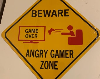Beware Angry Gamer Funny Sign, 12 in, Aluminum. Game Room Decor, Gaming Decor, Wall and Dorm Room Art, Gifts for Teenagers.