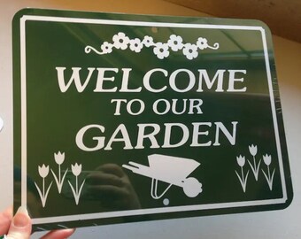 Willkommen in unserem Garden Cute 9x12 Zoll Aluminium Garten Garten Meter Schild