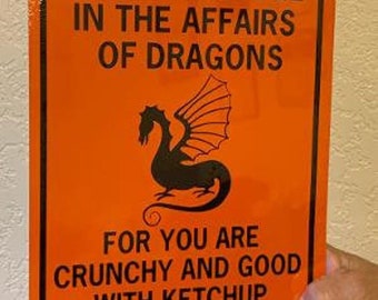 Do Not Meddle in the Affairs of Dragons For you are crunchy and good with ketchup ORANGE background Funny Aluminum Metal Sign