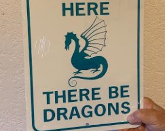 Op de afbeelding: Een wit bord met de tekst "Beyond Here There Be Dragons" in tealblauwe letters. Een tealblauwe draak met vleugels is afgebeeld in het midden van het bord.