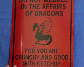 Do Not Meddle in the Affairs of Dragons For you are crunchy and good with ketchup RED background Funny Aluminum Metal Sign