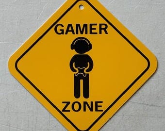 Gamer Zone 6x6 inch small Funny Aluminum Crossing Sign. Game Room Decor, Gaming Decor, Wall and Dorm Room Art, Gifts for Teenagers.