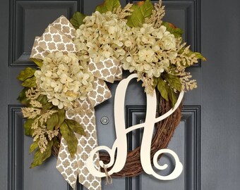 Summer Wreath For Front Door,Grapevine Wreath,Hydrangea Door Wreath,Farmhouse Wreath,Wreath With Letter,Frond Door Decor,Housewarming Gift