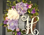 Summer Wreath for Door,Monogram Wreath,Hydrangea Wreath,Front Door Wreath with Initial,Flowers Wreath,Housewarming Wreath,Grapevine Wreath