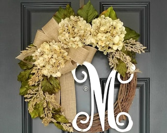 Summer Wreath For Front Door,Grapevine Wreath,Hydrangea Door Wreath,Farmhouse Wreath,Wreath With Letter,Frond Door Decor,Housewarming Gift