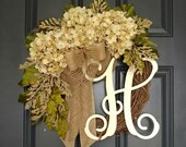 Spring Wreath ,Year Round Cream Hydrangea Wreath for Front Door , Grapevine Wreath with Burlap and Initial , Spring Monogram Everyday Wreath