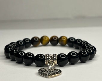 Yellow Tiger eye and Obsidian with steel Heart Charm