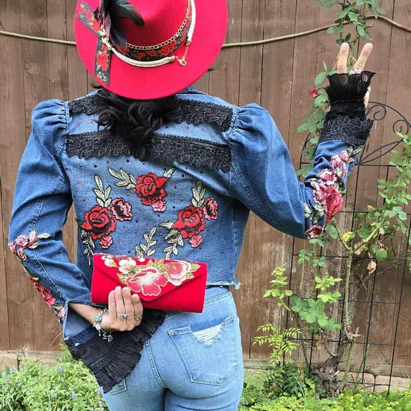 Gypsy Wanderer Denim Jacket – Boho Lace, Puff Sleeves & Western Embroidery