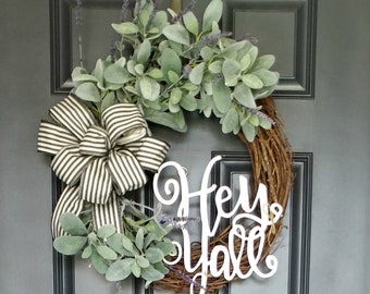 Farmhouse Wreath,Country Wreath,Front Door Wreath,Grapevine Wreath,Rustic Wreath,Summer Wreath,Lamb's Ear Wreath,Cottage Wreath,Wreaths
