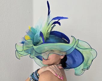 Blue & Green Kentucky Derby Hat: Feathered Tea Party Fashion
