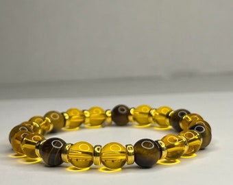 Yellow Tiger eye and yellow Crystal and golden steel