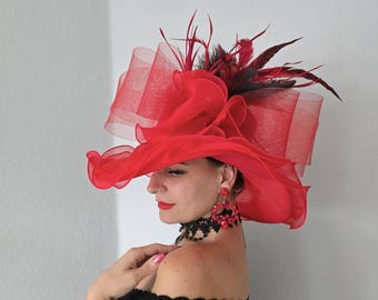 Kentucky Derby Hat, Red Tea Party Woman Hat, Fashion Hats