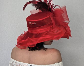 Kentucky Derby Hat Fascinator Statement Headwear Red Hat w Bow Organza Red Kentucky Derby Hat,bright Red Ascot Fascinator,scarlet  main image 2