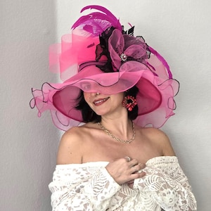 Hot Pink Kentucky Derby Hat: Feathered Organza Wide Brim