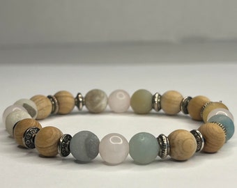 Indian Agate Round Gemstone, Protection Bracelet, Matte Wood Bracelet, Jasper Bracelet, Gift for Her, Bracelets for Women