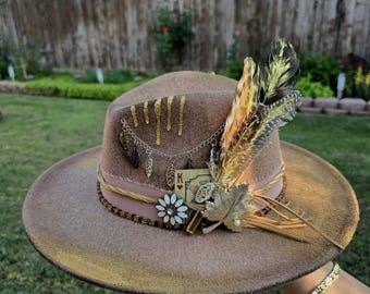 Embellished Brown Wool Cowgirl Hat: Flat Brim Boho Fedora