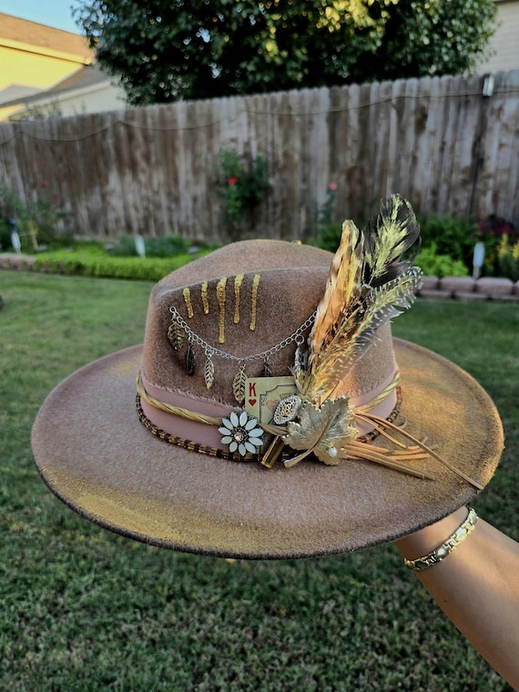 Boho Hat Festival Western Cowgirl Hand Embellished With Trim New Boho western cowgirl ✨ These hand painted decorated hats  main image 3
