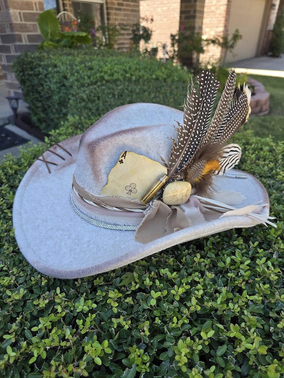 Boho Chic Wool Felt Floppy Hat Kentucky Derby Feather Hat Brown Tan Felt Floppy Hat Boho Festival Hat  main image 3