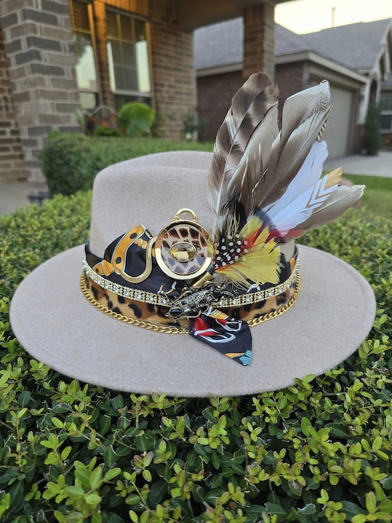 Fedora Womens Floral Black Hat with Feather Accent Beautiful Hand Painted Floral Fedoras, Black Fedora, Flower Hat, Hand Crafted, Hand  main image 4