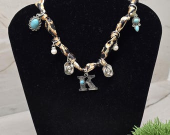 Bandana Necklace Personalized Initial, Charm Necklace, Western Cowgirl Jewelry, Birthday Gift for Her, Bandana Choker, Gift, Beach Jewelry