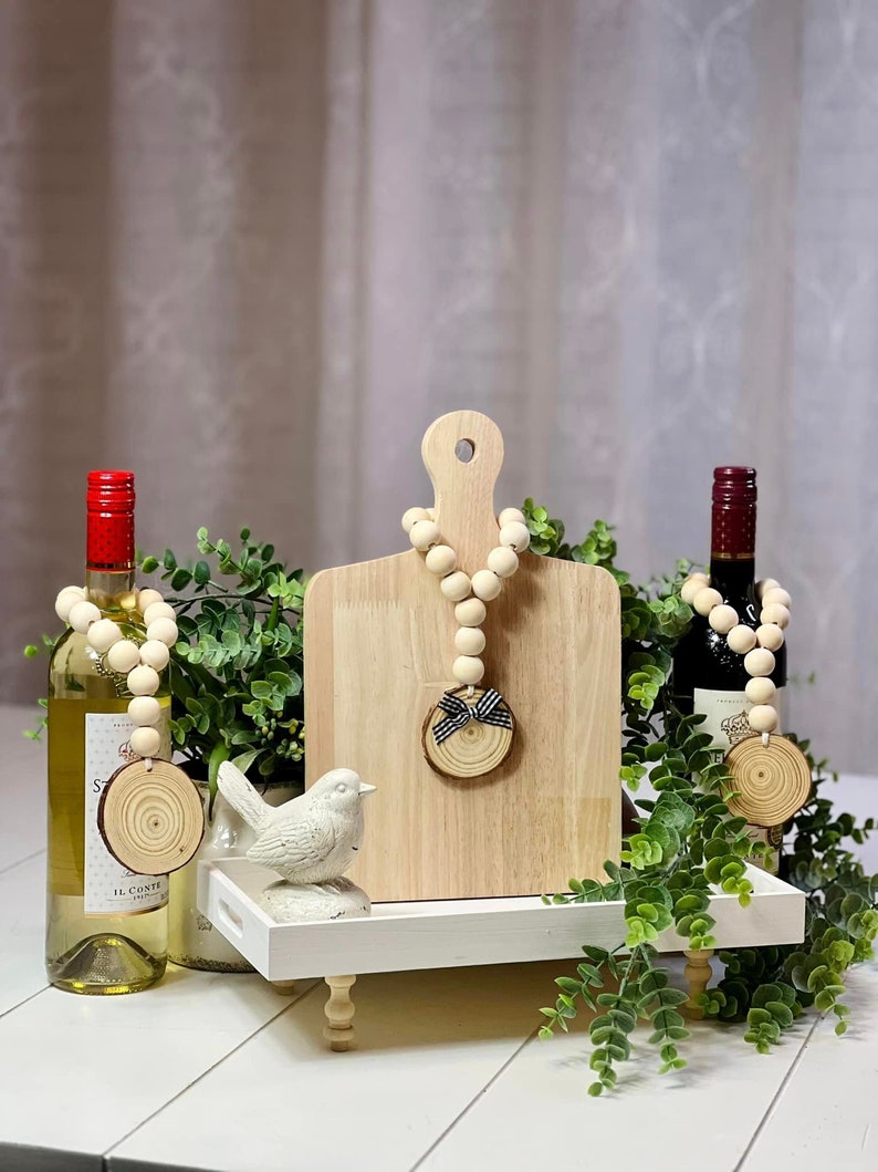 Wine Bottle Wood Bead Garland, Farmhouse Wood Bead Garland, Wood Bead Vase Garland, Natural Wood Beads Loop, Birthday Gift idea image 1