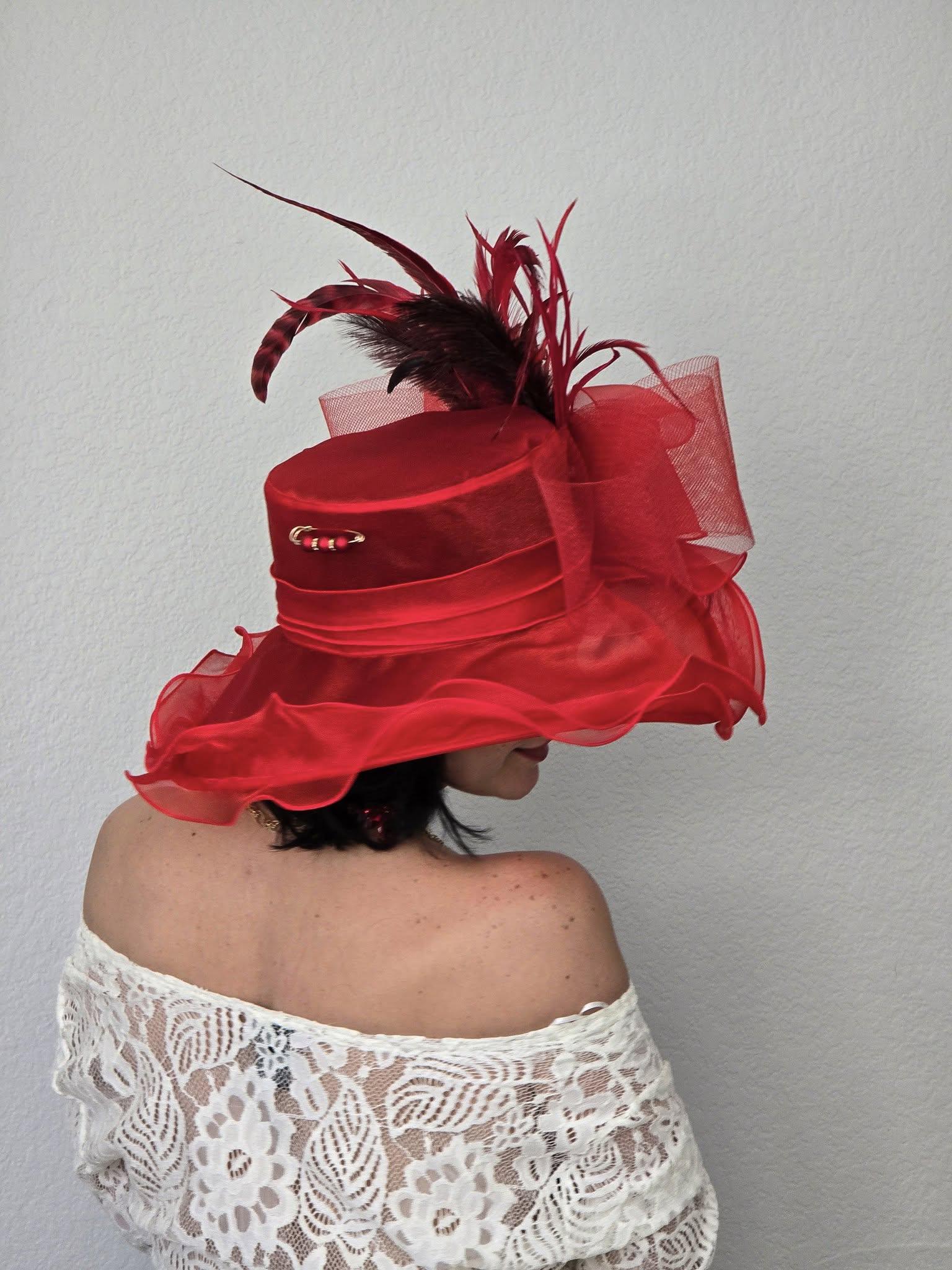 Something Special Cranberry Red Kentucky Derby Wide Brim Ribbon Bow Hat M509 ( Red/black ) Kentucky Derby Hat, Church Hat, Wedding  main image 2