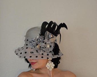Grey Polka Dot Kentucky Derby Fedora Hat with Feathers