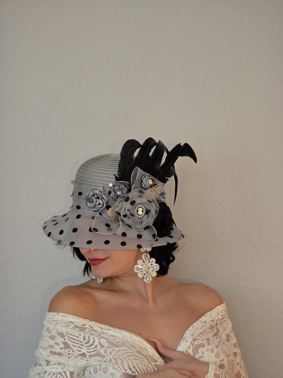 Grey Polka Dot Kentucky Derby Fedora Hat with Feathers
