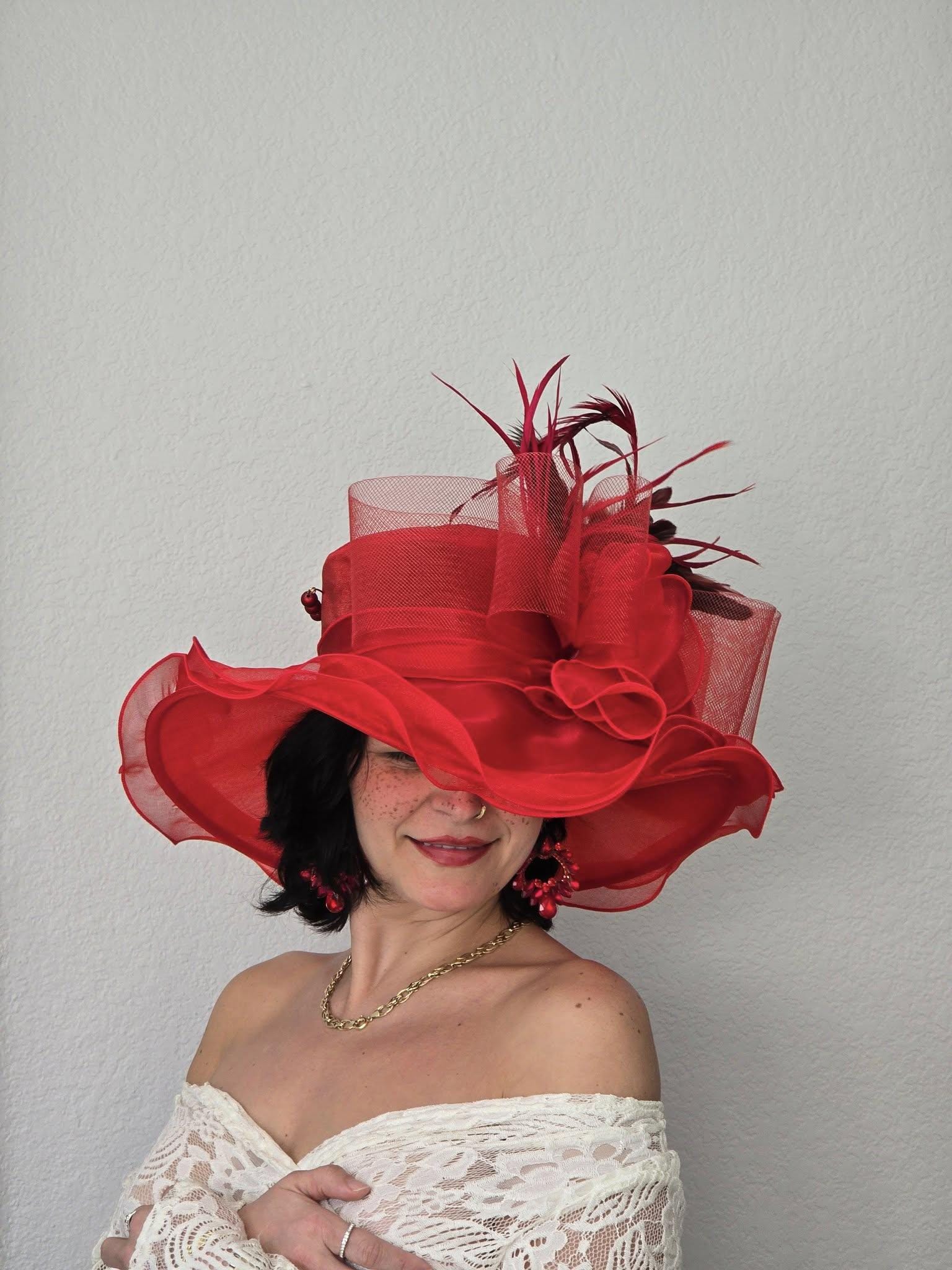 Kentucky Derby Hat Fascinator Statement Headwear Red Hat w Bow Organza Red Kentucky Derby Hat: Wide Brim Organza Bow Fascinator - Etsy main image 3