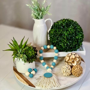 Blue Beach Coastal Living - Wood Bead Garland - Prayer Beads - Farmhouse Beads - Welcome Beads - Tassels - Rustic - Wooden Beads Decor
