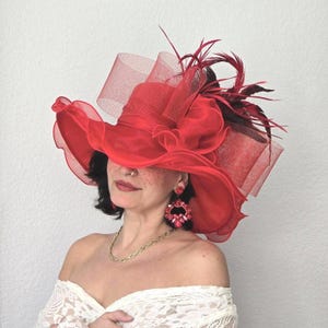 Red Kentucky Derby Hat: Wide Brim Organza Bow Fascinator