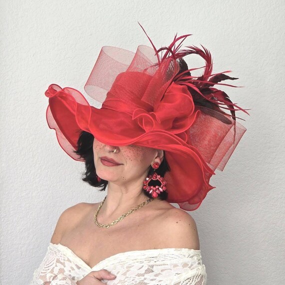 Red Kentucky Derby Hat: Wide Brim Organza Bow Fascinator - Etsy display picture 2