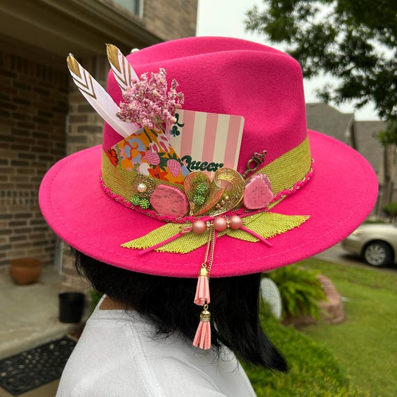 Embellished Pink Floral Wide-Brim Fedora Hat Ethereal wide brim hat. Kentucky Derby Hat. Kentucky Derby  main image 4