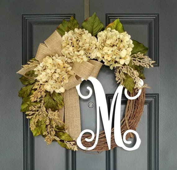 Year Round Wreath for Front Door Housewarming Gift Everyday Hydrangea Wreath with Monogram All Season Grapevine Wreath with Initial