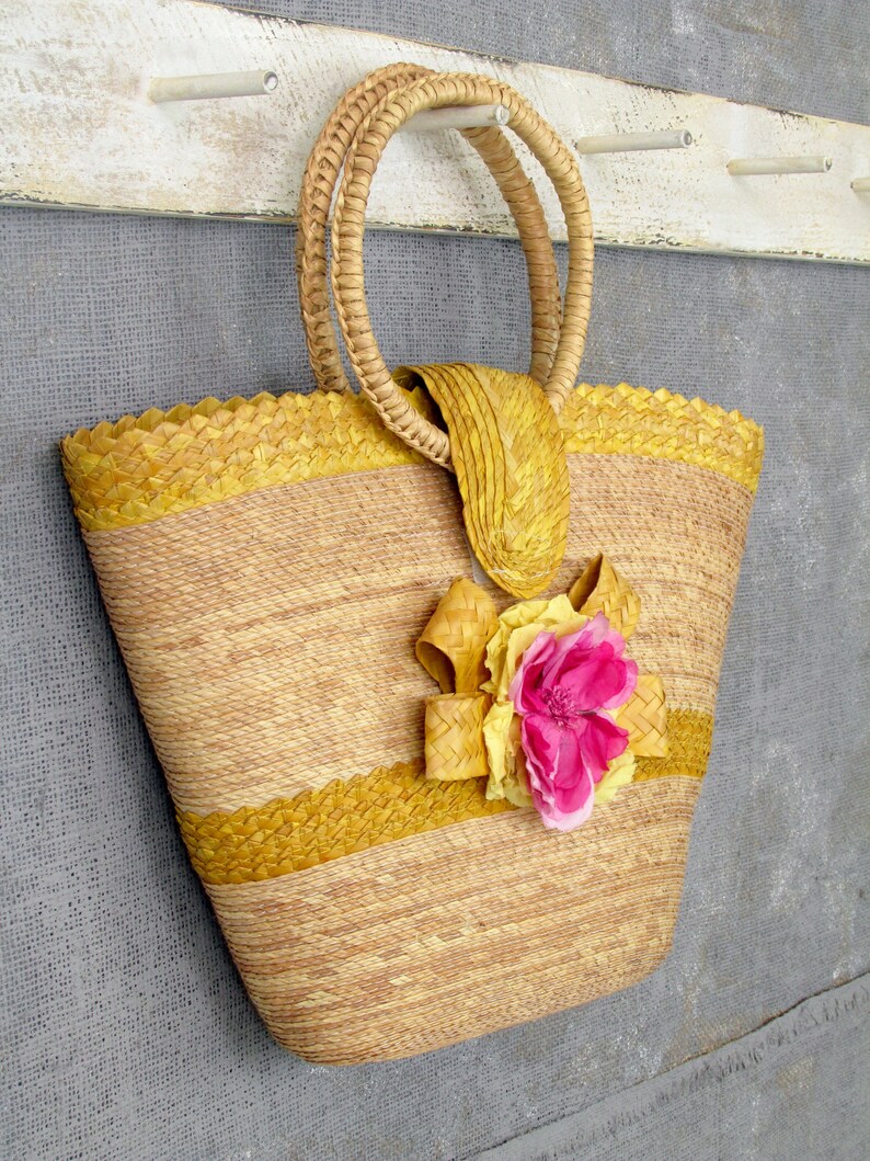 Circle Handles Vintage Straw Summer Tote Summer Straw Bag Yellow