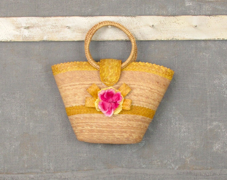 Circle Handles Vintage Straw Summer Tote Summer Straw Bag Yellow
