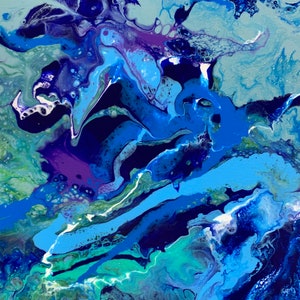 DP-20 Dutch pour on a 16x29 canvas in blues, purple, white and gold acrylic on a blue background.  Original one of a kind painting.