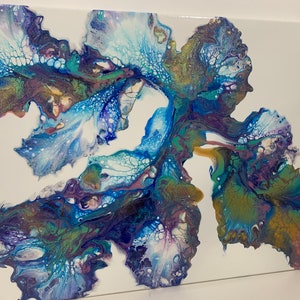 May include: Abstract painting on canvas with blue, green, purple, and white colors. The paint has a fluid, flowing effect, creating a unique and dynamic design.